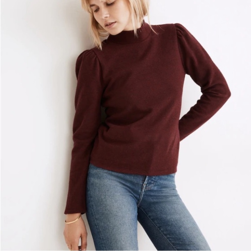 Madewell Womens (Re)sourced Plush Mockneck Puff-Sleeve Top XL Heather Rusted Red